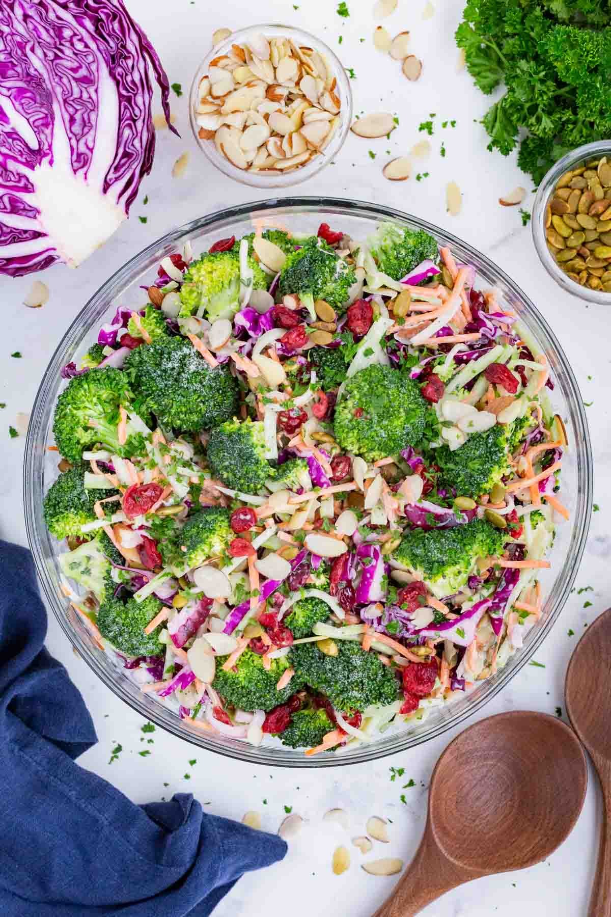 An overhead view of homemade broccoli slaw.