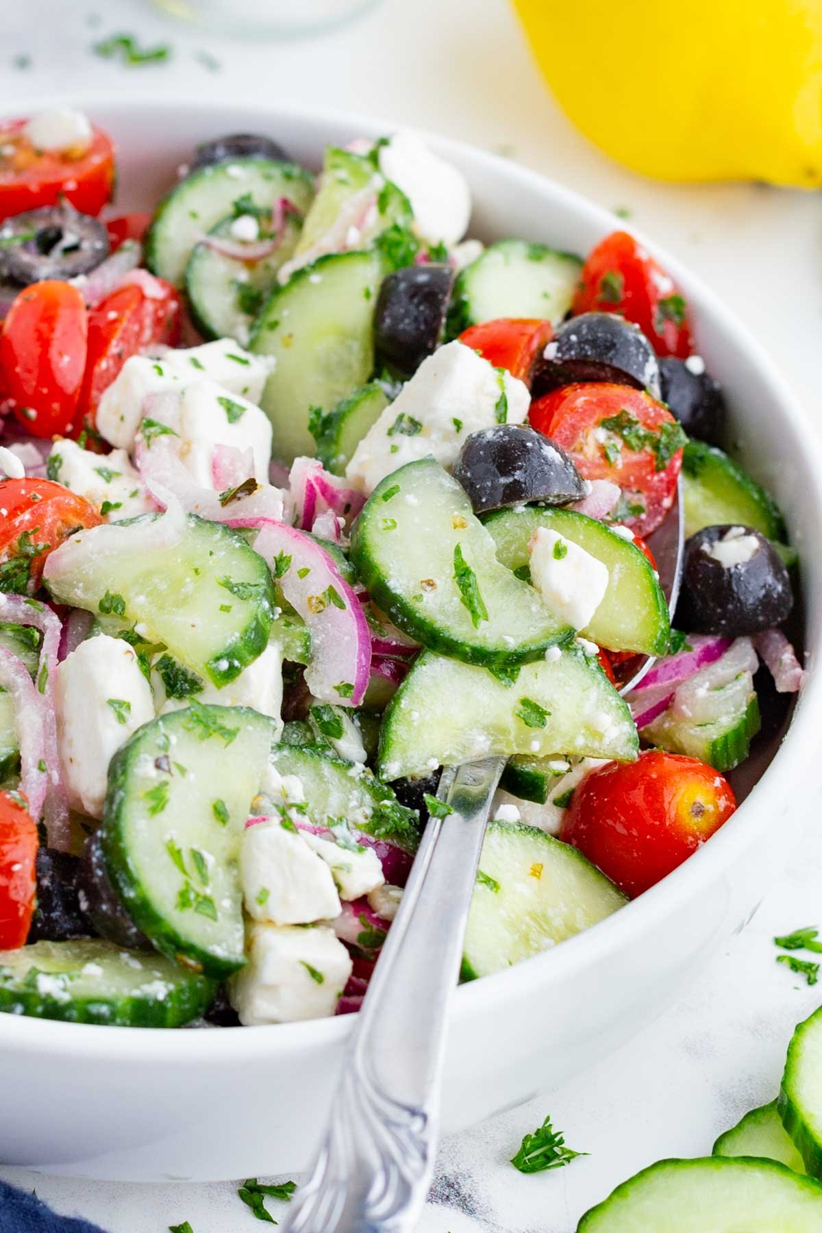 This Greek Cucumber Salad is a healthy and refreshing summer recipe.