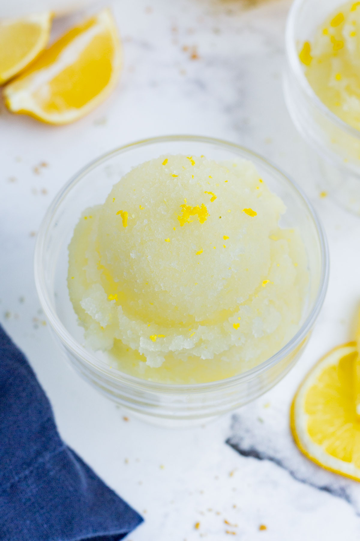 An overhead shot of lemon sorbet made at home with only a few ingredients.