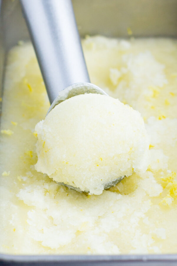 Creamy and smooth lemon sorbet freezes perfectly in a loaf pan.