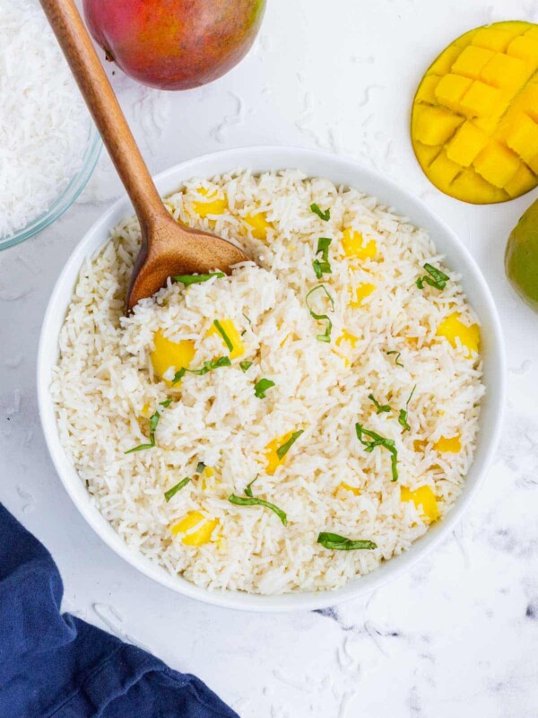 Sweet yet savory mango coconut rice is an easy and flavorful side dish.
