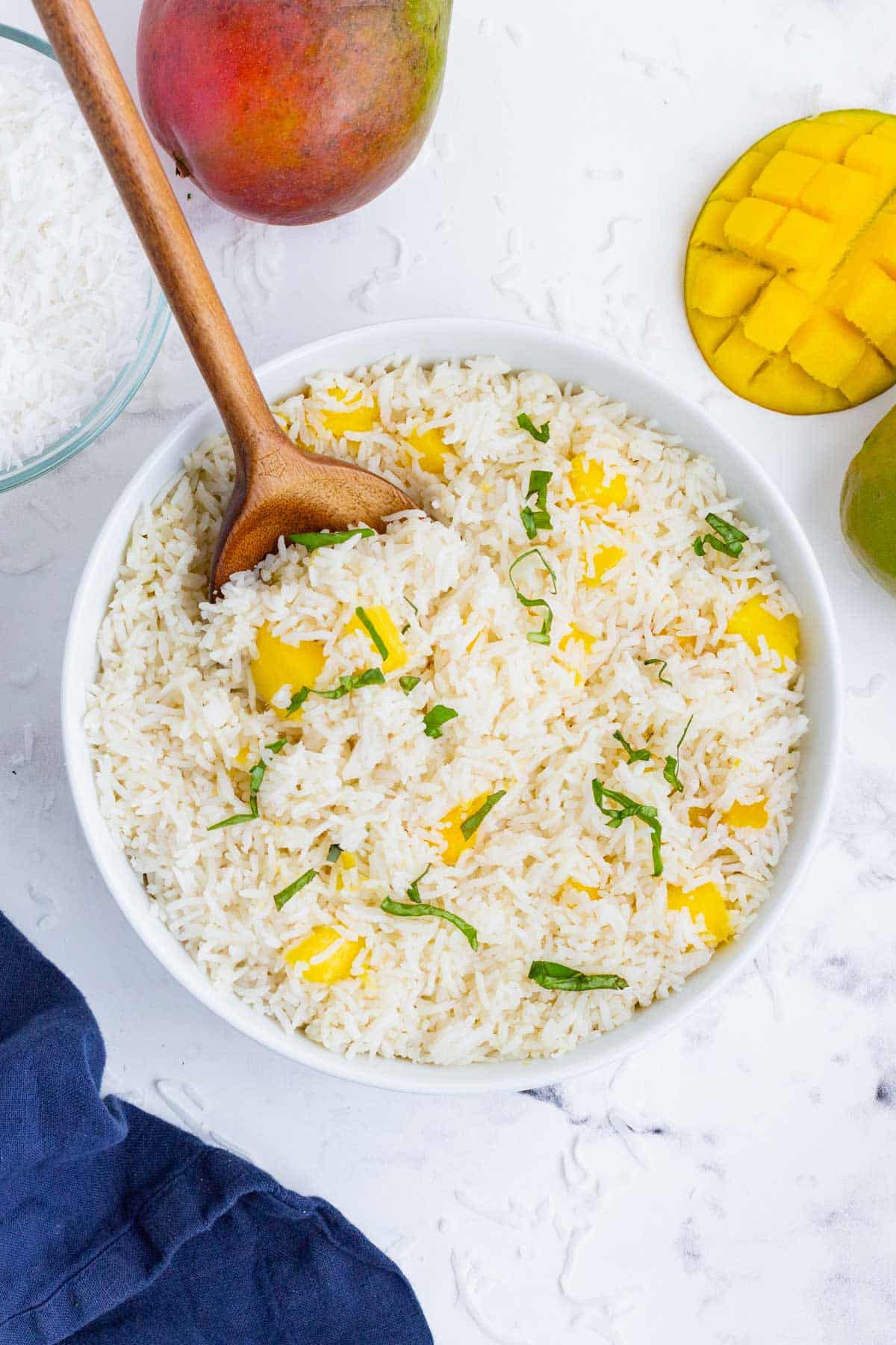 Sweet yet savory mango coconut rice is an easy and flavorful side dish.