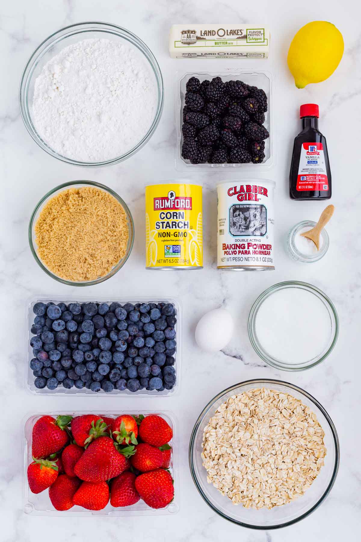 Berries, flour, oats, butter, and sugar and the main ingredients for this dish.