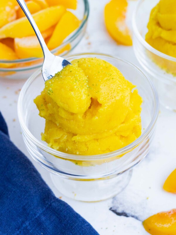 Frozen peaches are the base of this healthy sorbet recipe.