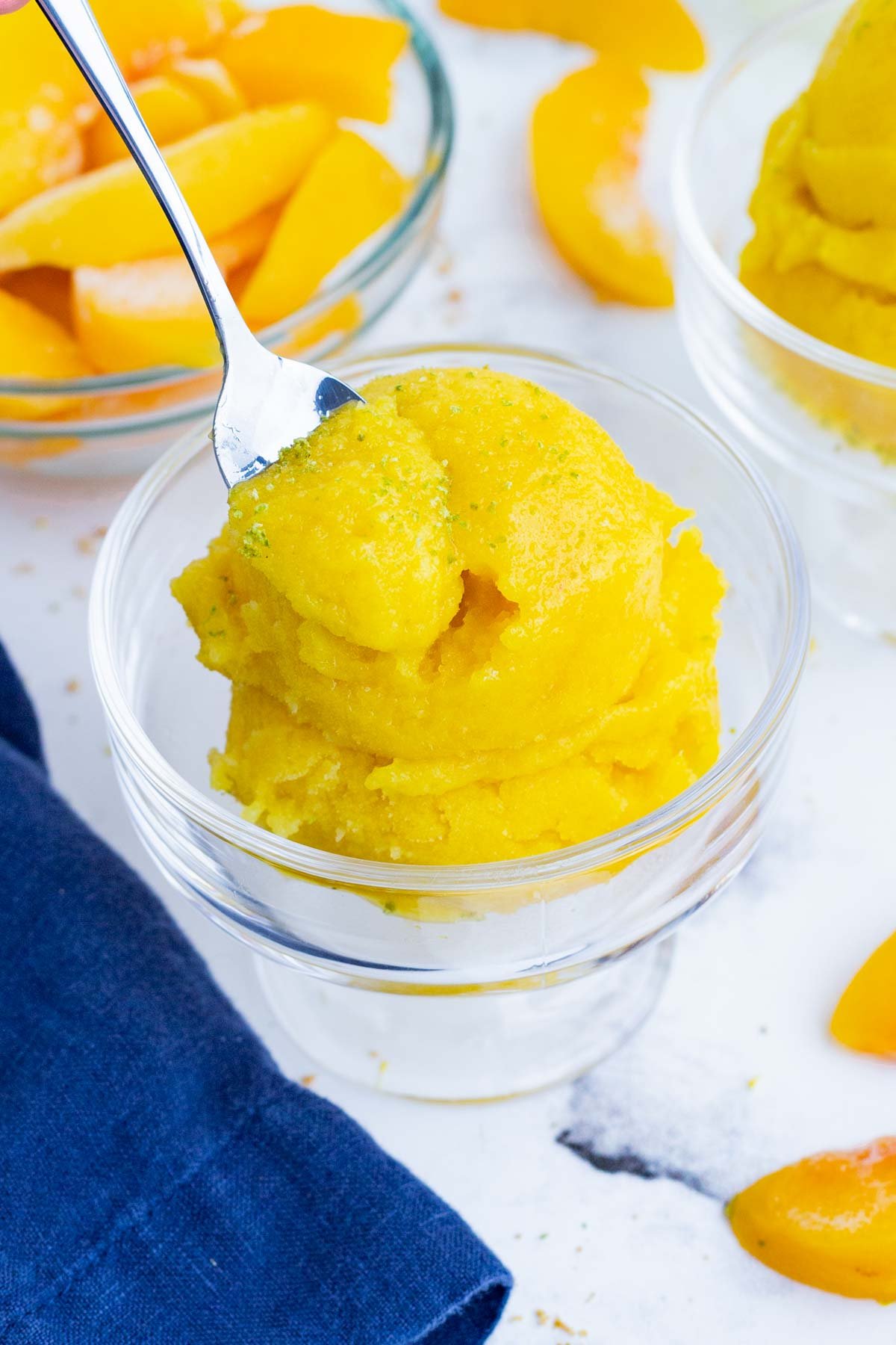 Frozen peaches are the base of this healthy sorbet recipe.