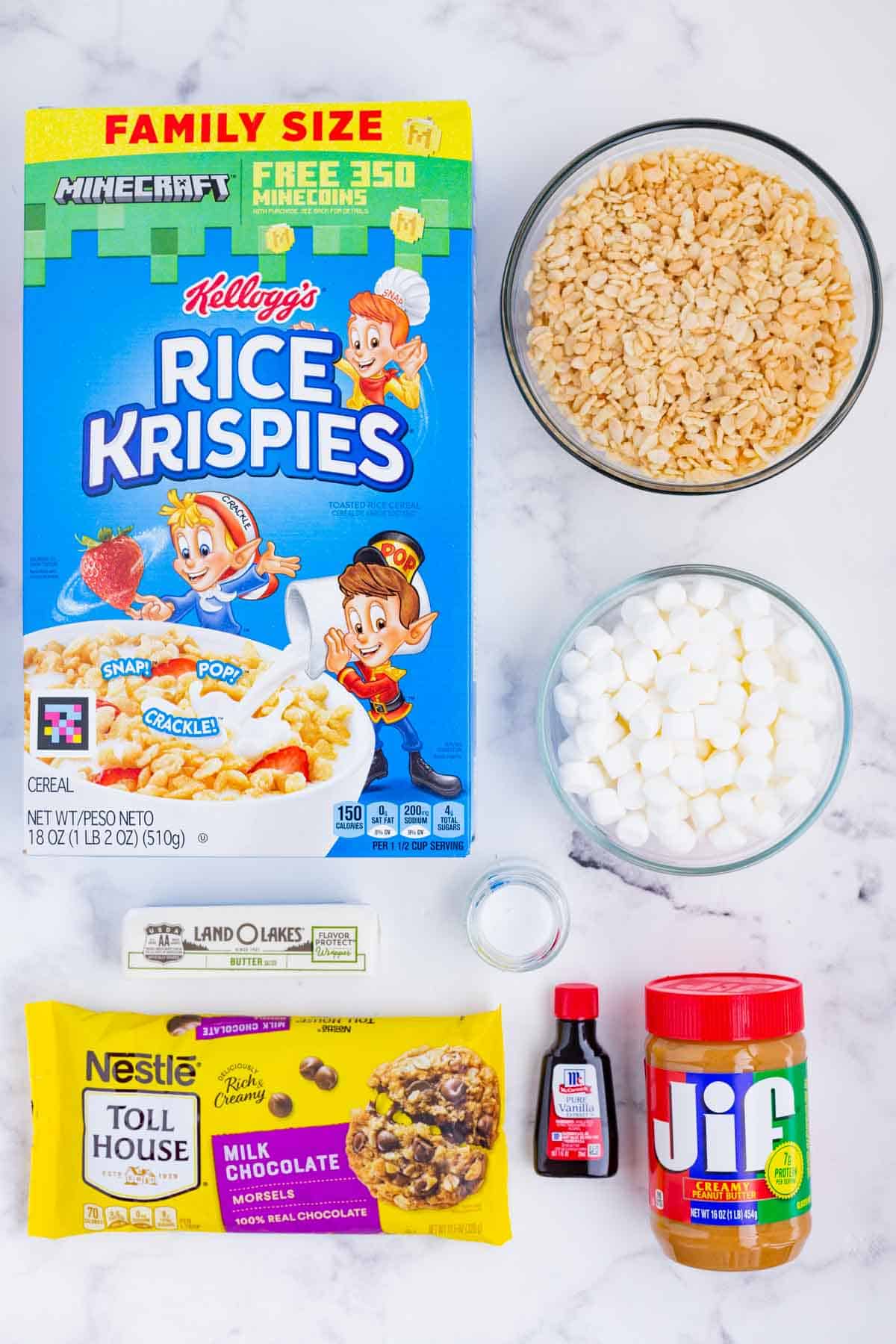 Rice Krispies, peanut butter, vanilla, marshmallows, salt, butter, and chocolate are the ingredients needed.