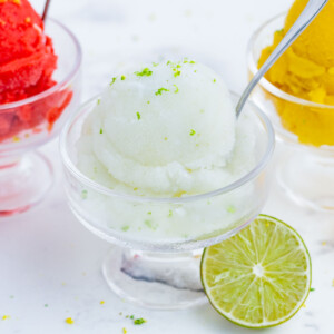 Lime, strawberry, and mango sorbet are easy to make at home.
