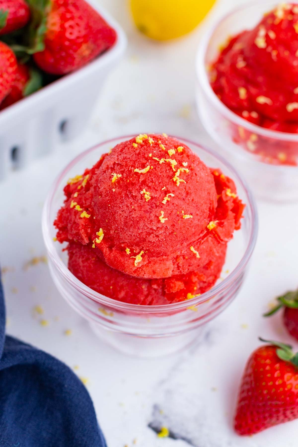 An overhead shot of strawberry sorbet made with only 3 ingredients.