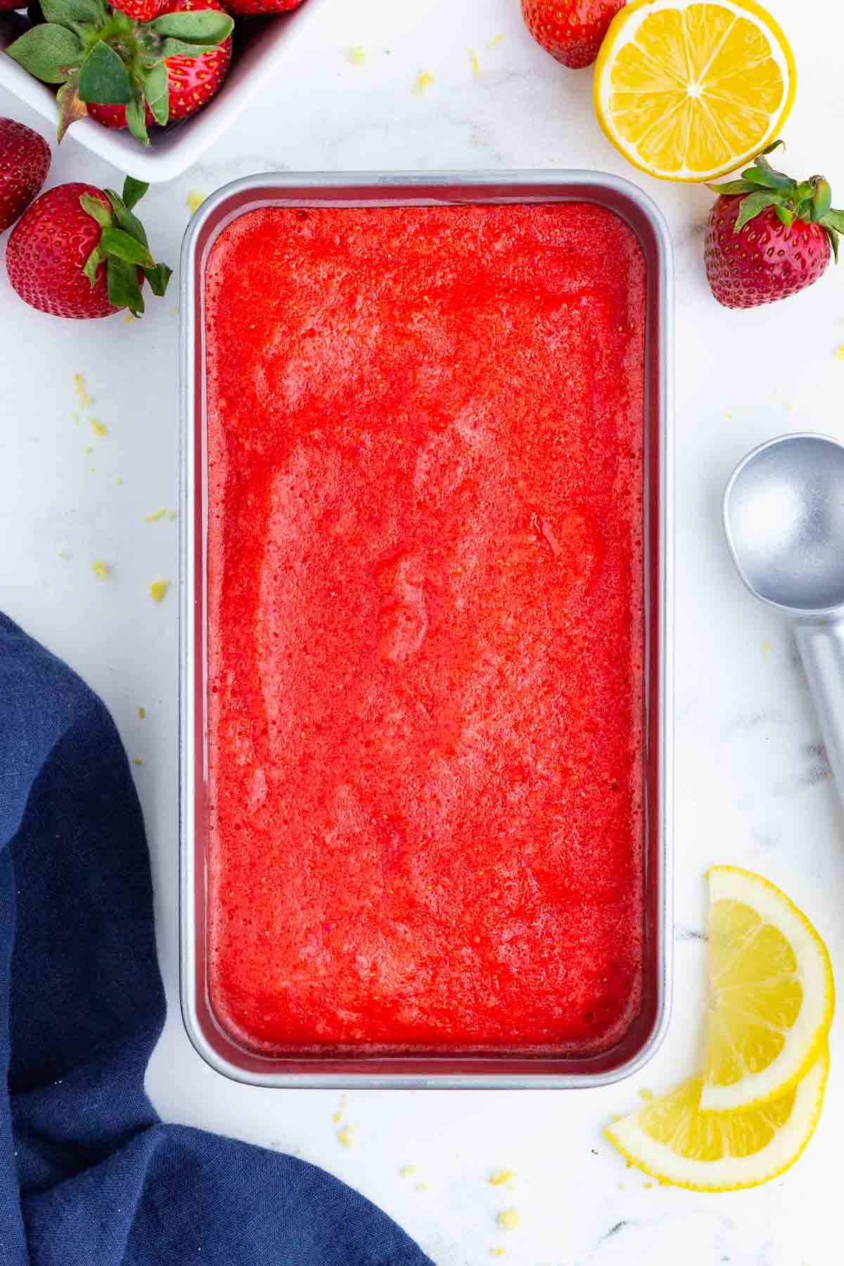 Freeze strawberry sorbet in a loaf pan for the best results.