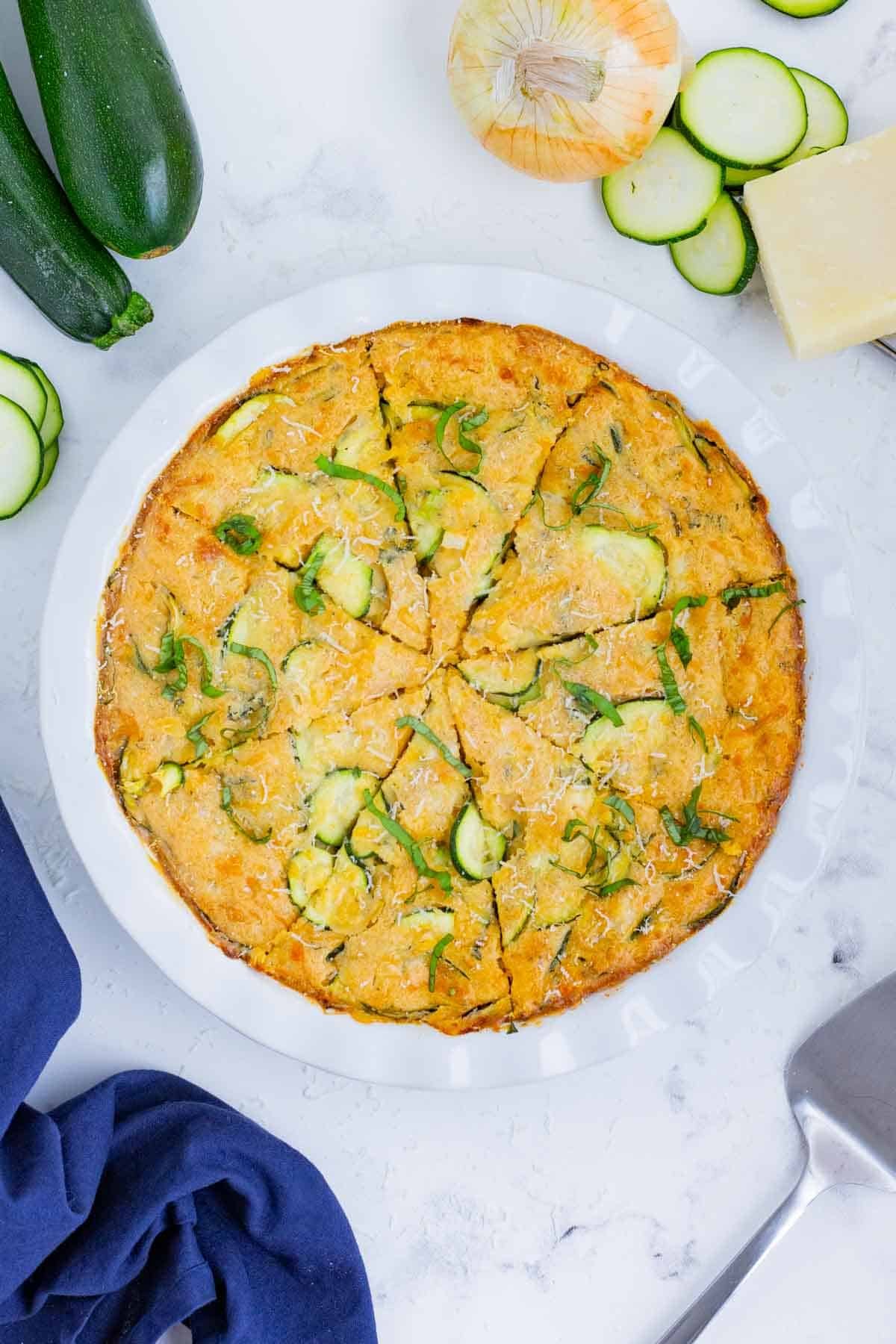 A shot from above of a freshly baked zucchini pie.