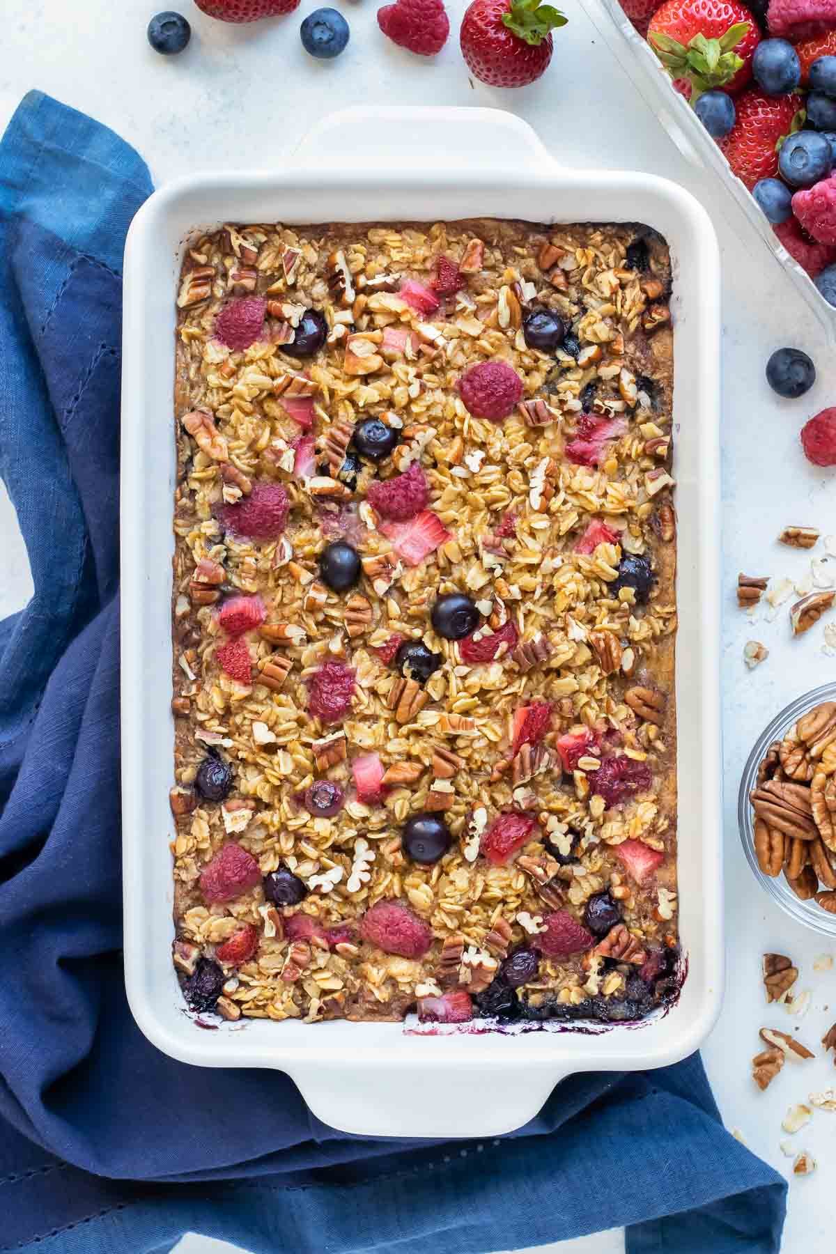Gluten-free baked oatmeal is cooked until golden brown on top.