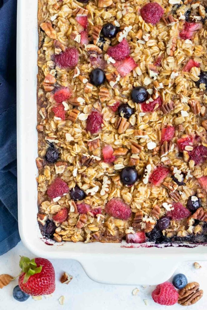 The berry oatmeal is baked in the oven until perfectly brown on top.