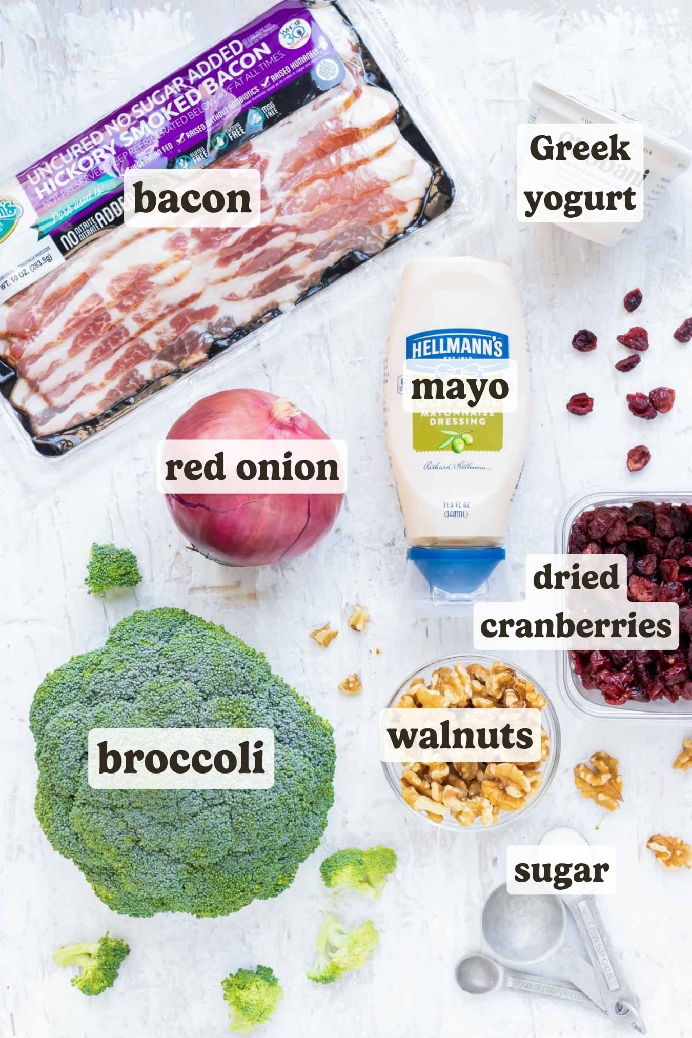 Broccoli, red onion, mayonnaise, Greek yogurt, cranberries, and walnuts as the ingredients in an easy broccoli salad recipe.