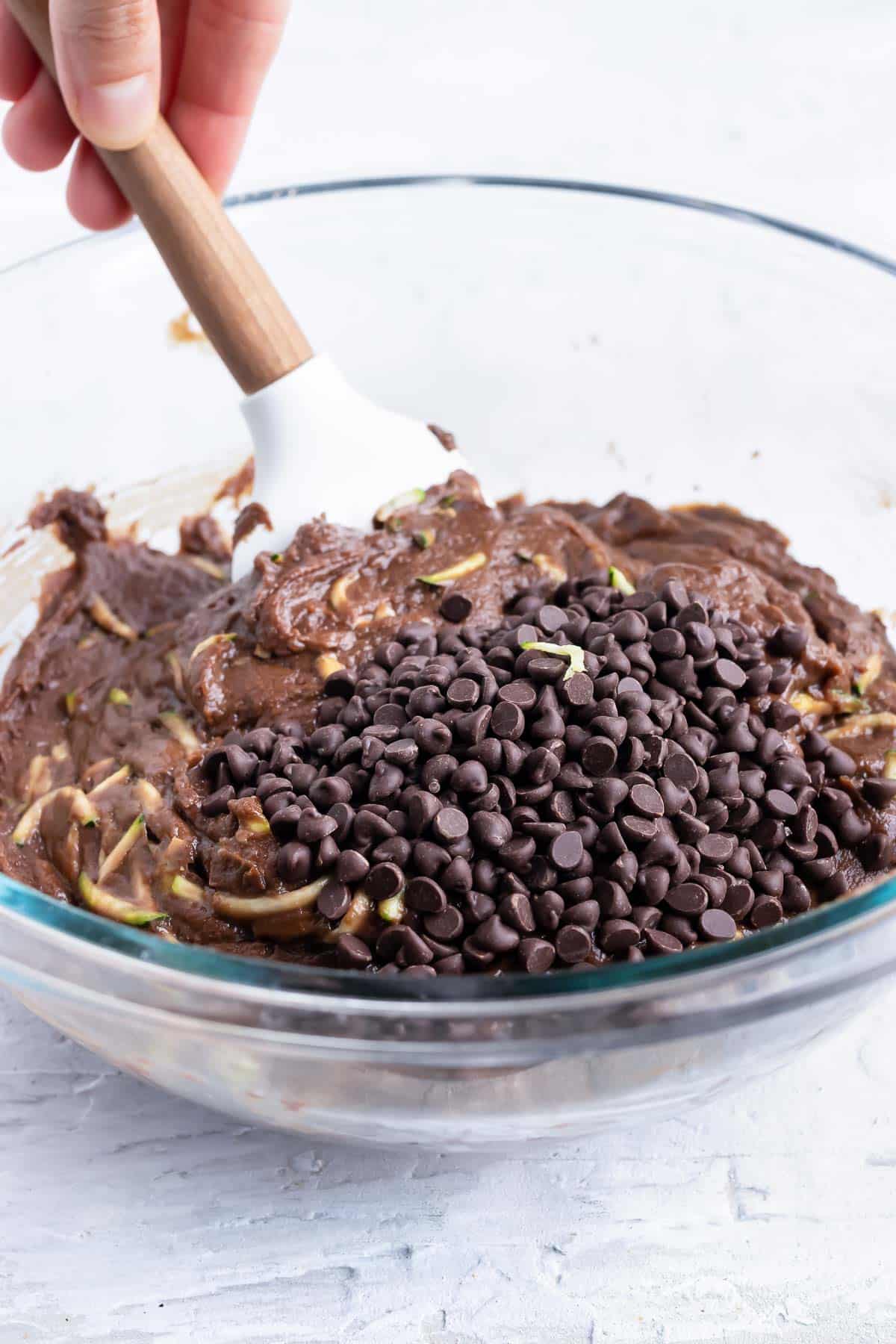 The chocolate chips are stirred in.