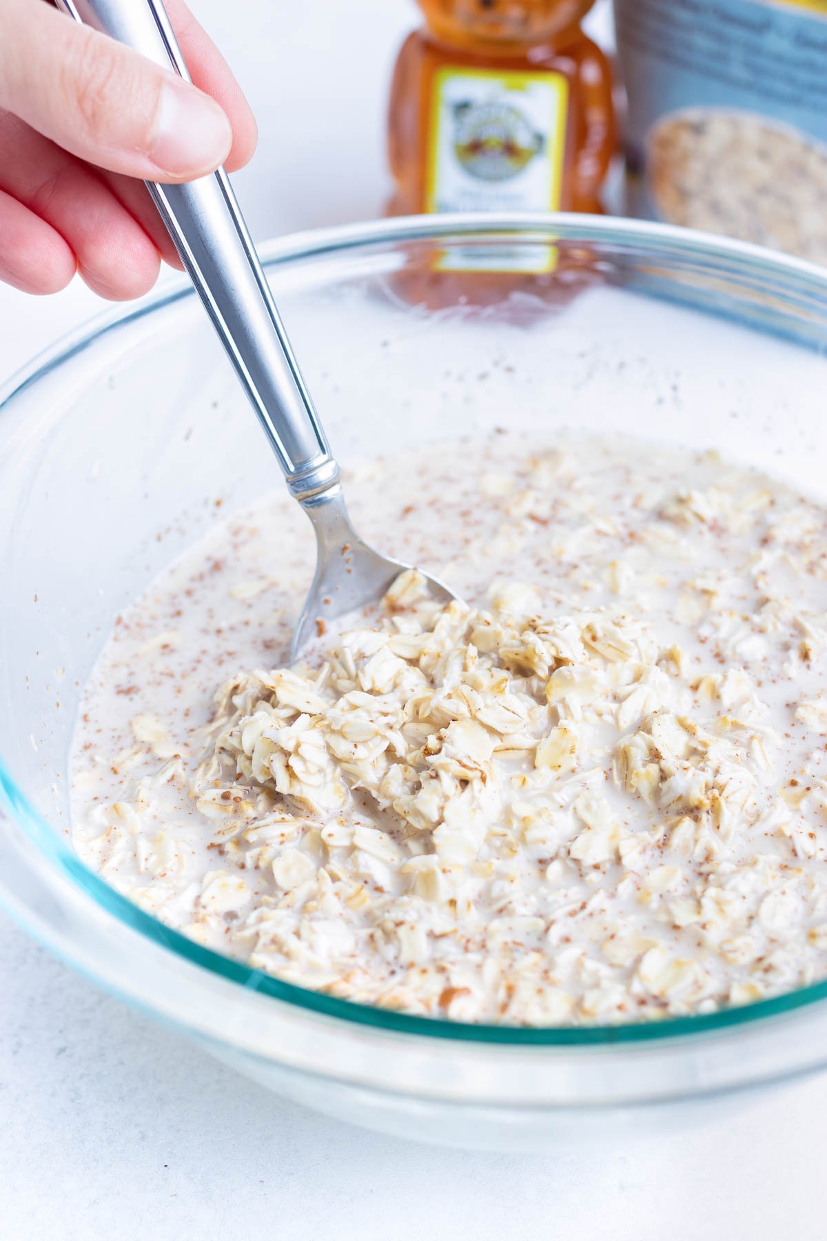 The oatmeal base is made in a bowl.