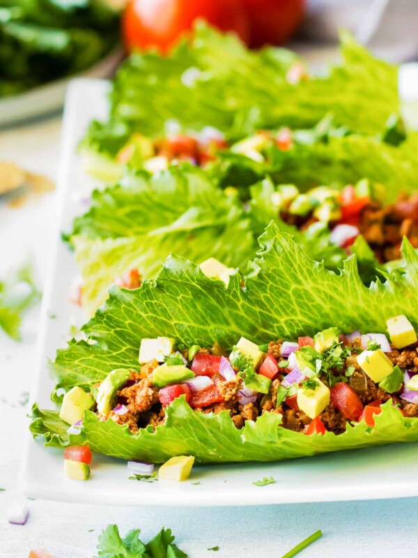 A collection of easy Ground turkey Taco Lettuce Wraps on a plate for lunch.