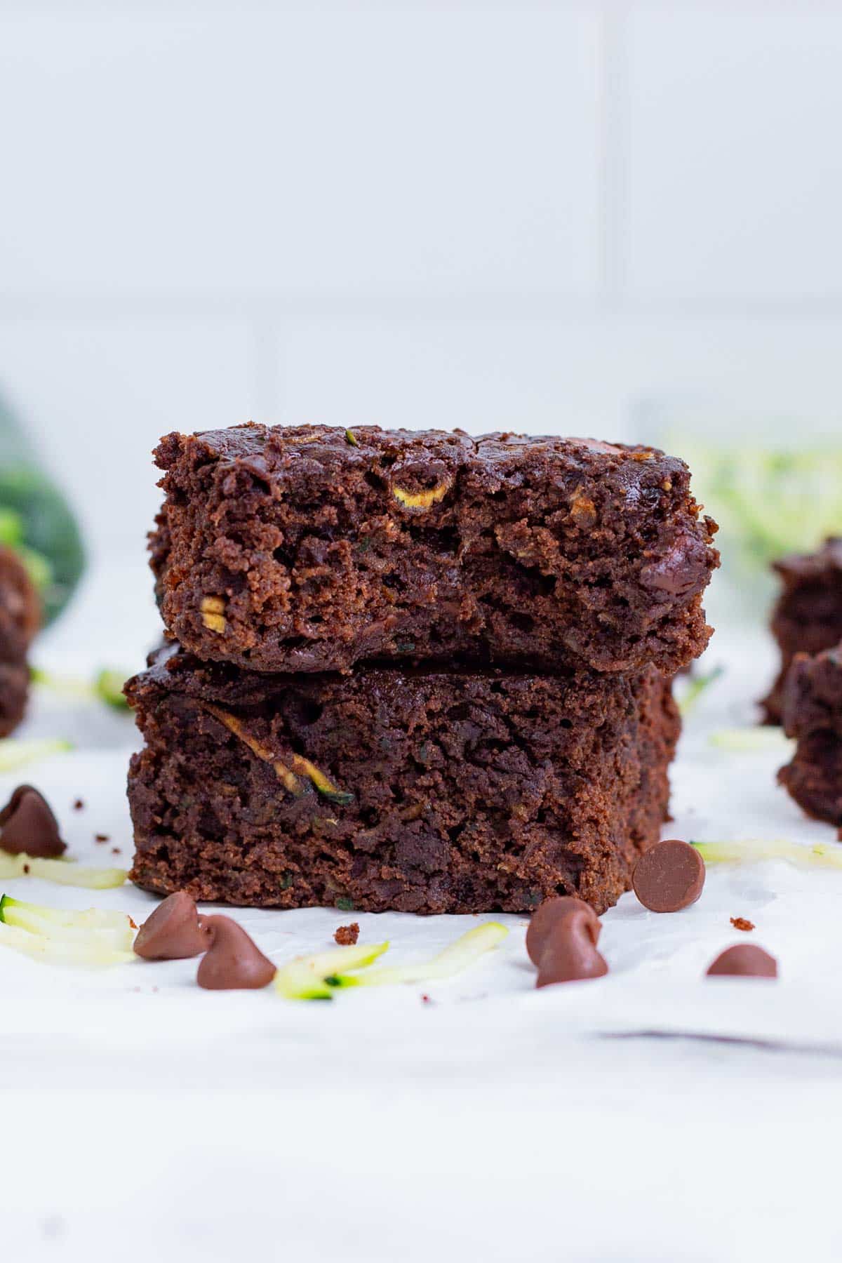 Chocolate zucchini brownies are easy, healthy, full of rich, chocolate flavor.