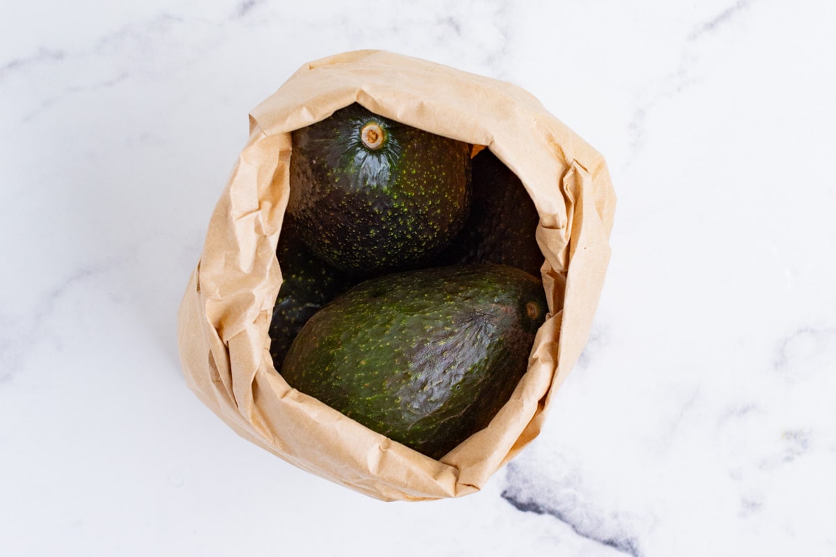 Avocados in a brown paper bag.