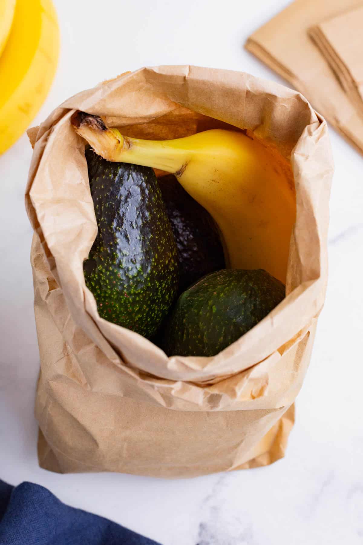 Avocados in a brown bag with a banana.