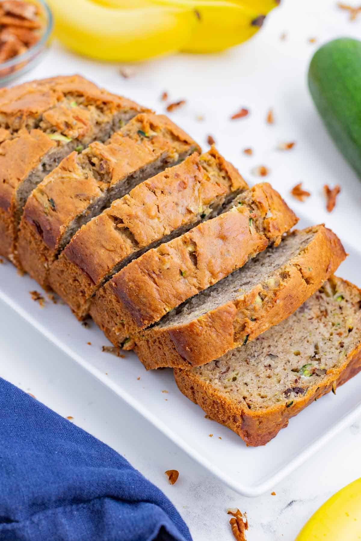 Zucchini banana bread is rich and moist because of its ingredients.