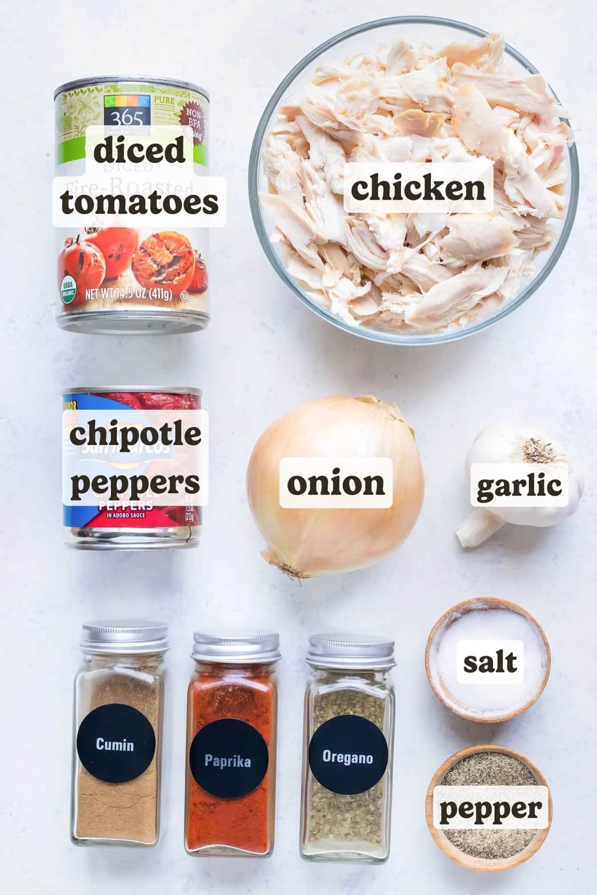 Shredded chicken, onion, garlic, and seasonings are the ingredients to make the sauce and filling for this tostada recipe.