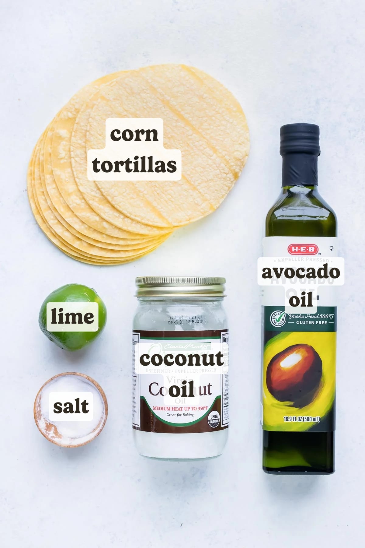 Corn tortillas, oil, lime, and salt are used to make homemade tostada shells.