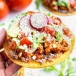 A hand is holding a Chicken Tinga Tostada with beans, lettuce, tomatoes, and spicy shredded chicken.