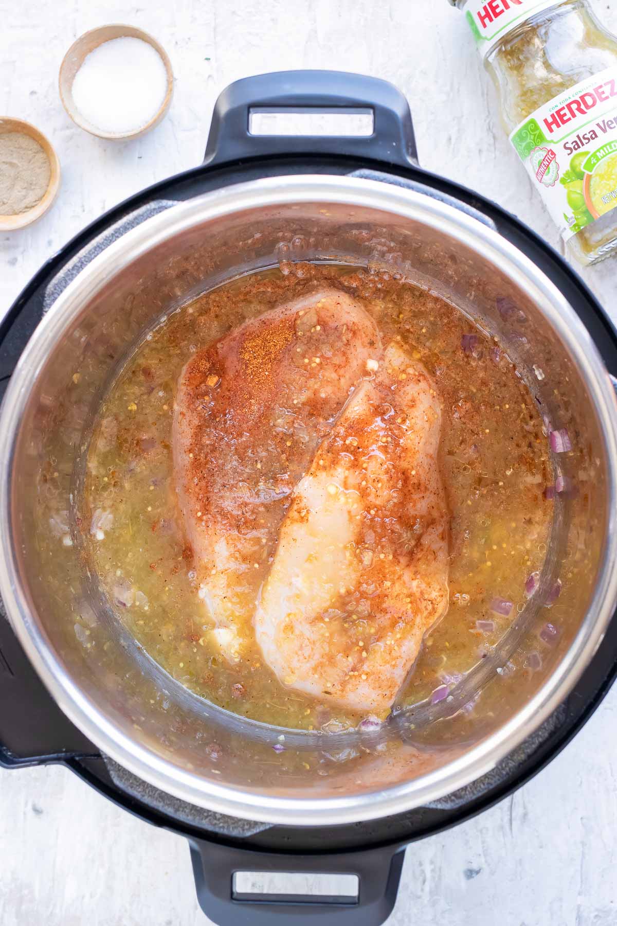 Chicken is cooked in an Instant Pot.