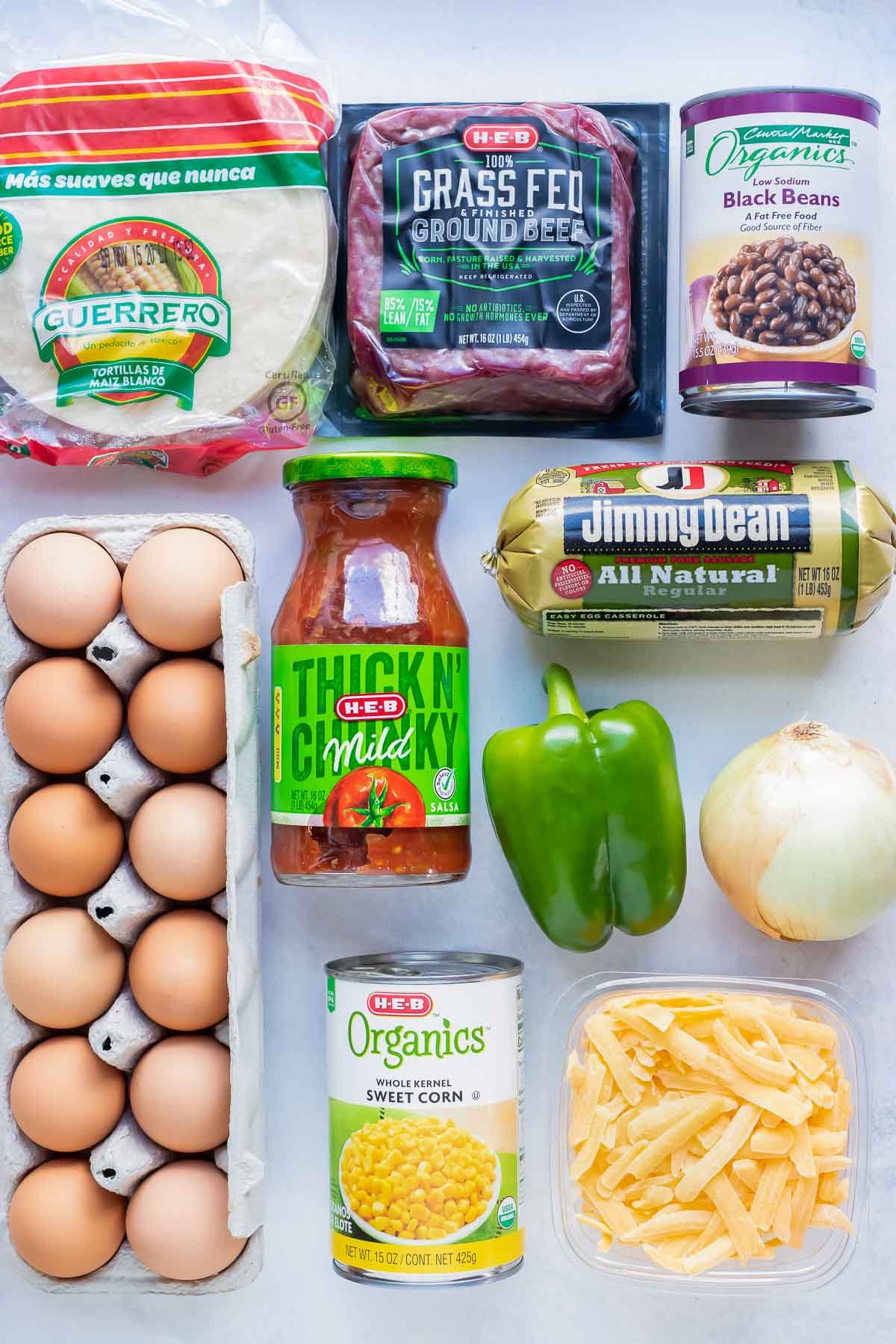 Eggs, ground meat, cheese, tortillas, spices, vegetables, and salsa are the ingredients in this recipe.