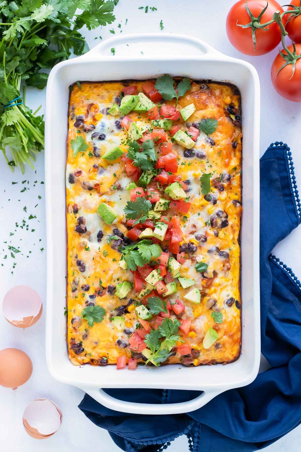 A pan of Mexican casserole is served up for breakfast.