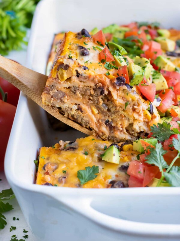 This easy breakfast casserole is full of Mexican flavors and served for a healthy meal.
