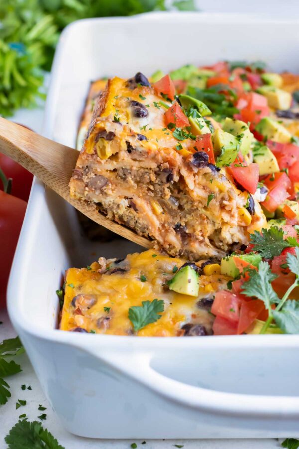 This easy breakfast casserole is full of Mexican flavors and served for a healthy meal.