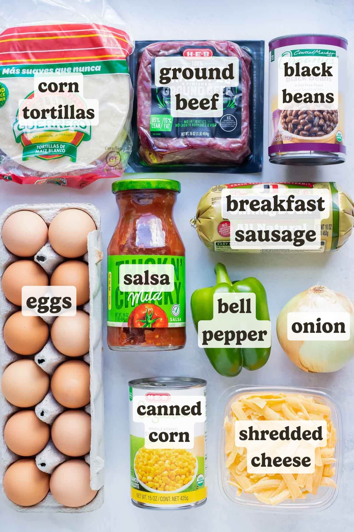 Eggs, ground meat, cheese, tortillas, spices, vegetables, and salsa are the ingredients in this Mexican breakfast casserole recipe.