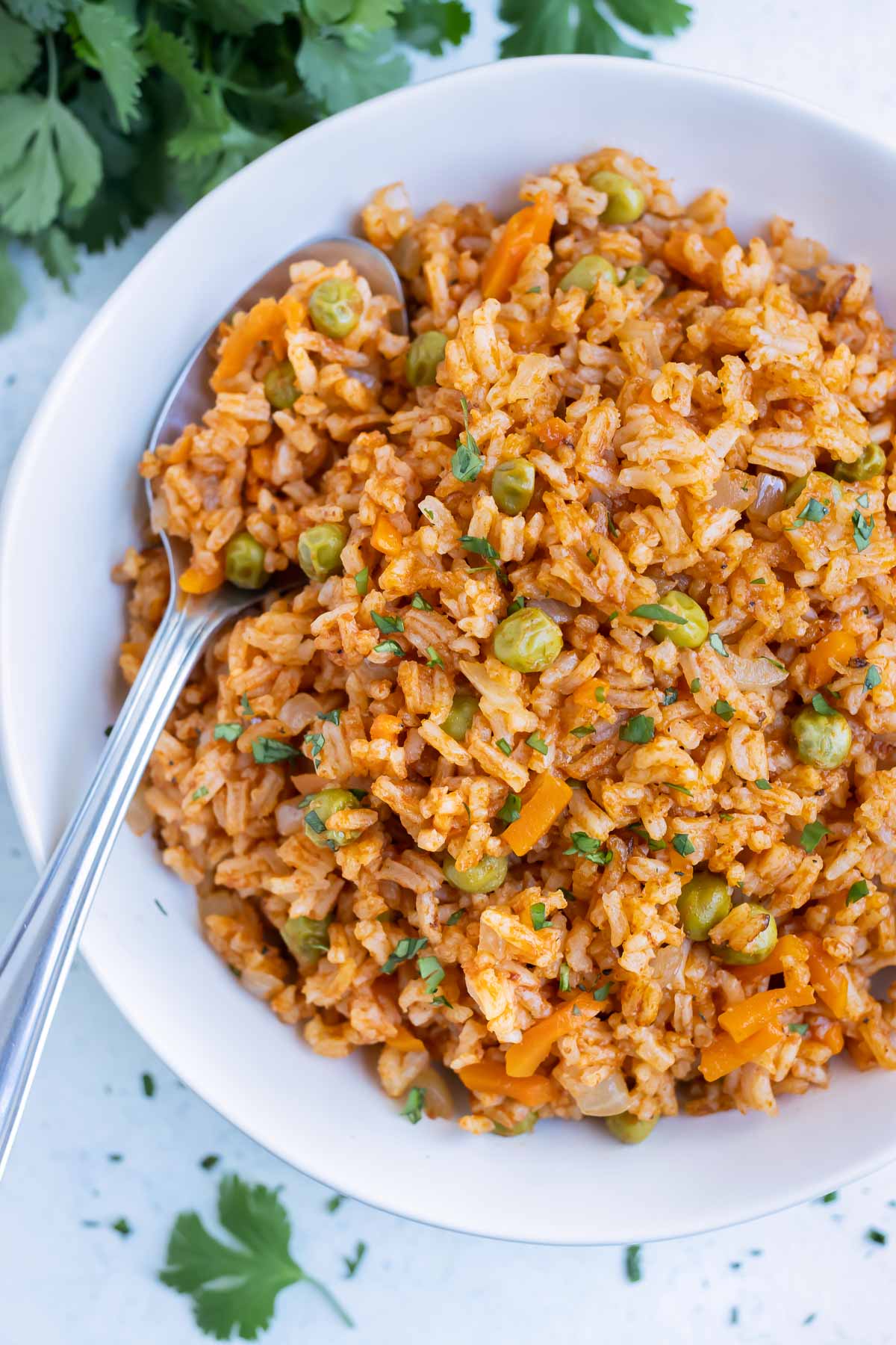 Mexican rice is plated for a fluffy and flavorful, easy side.