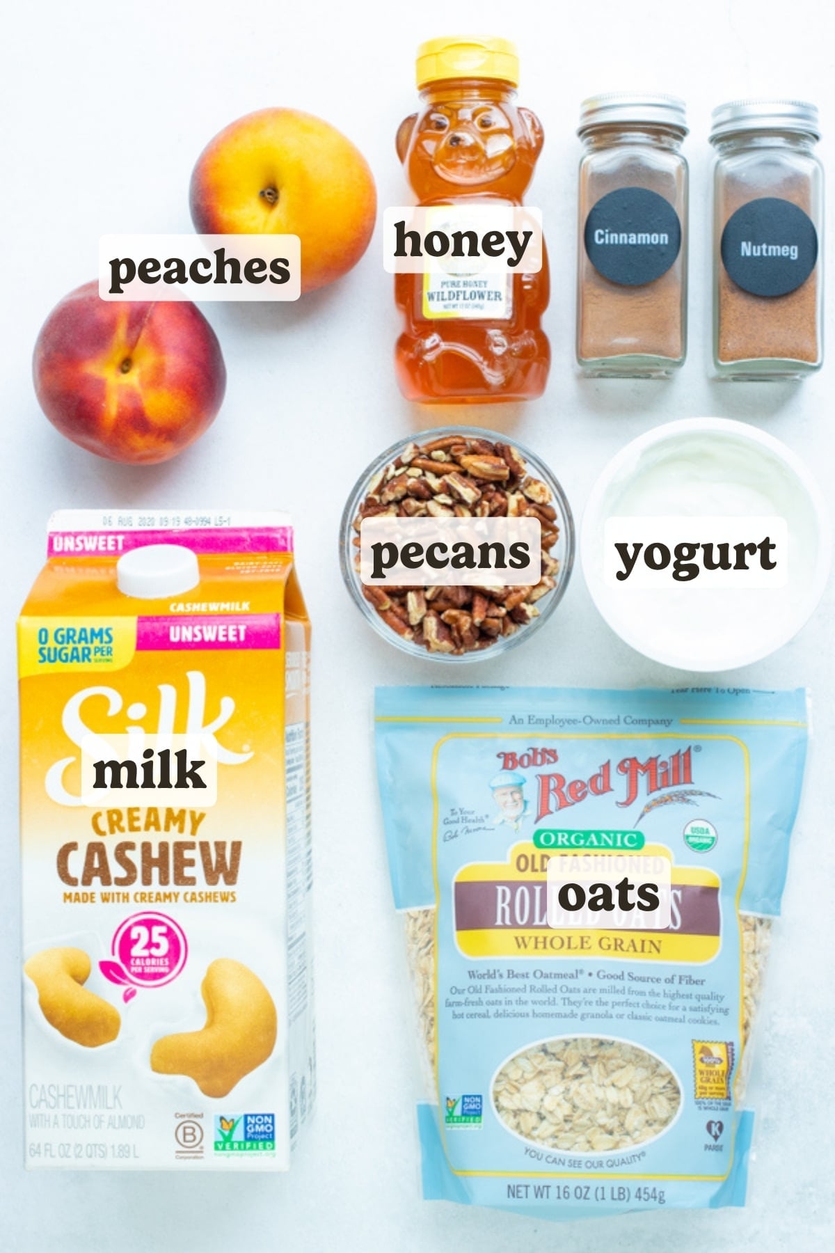 Yogurt, gluten-free oats, milk, fresh peaches, honey, and other ingredients come together in this peach cobbler overnight oats recipe.