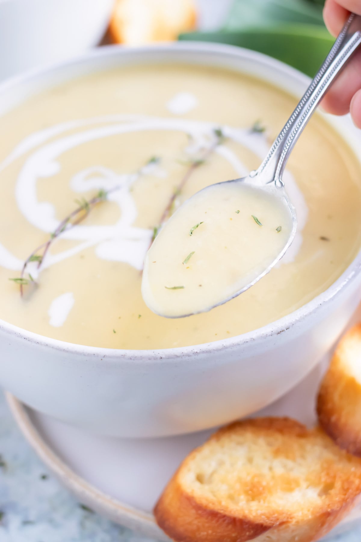 A spoon full of a healthy, creamy vegan potato leek soup with dried thyme.