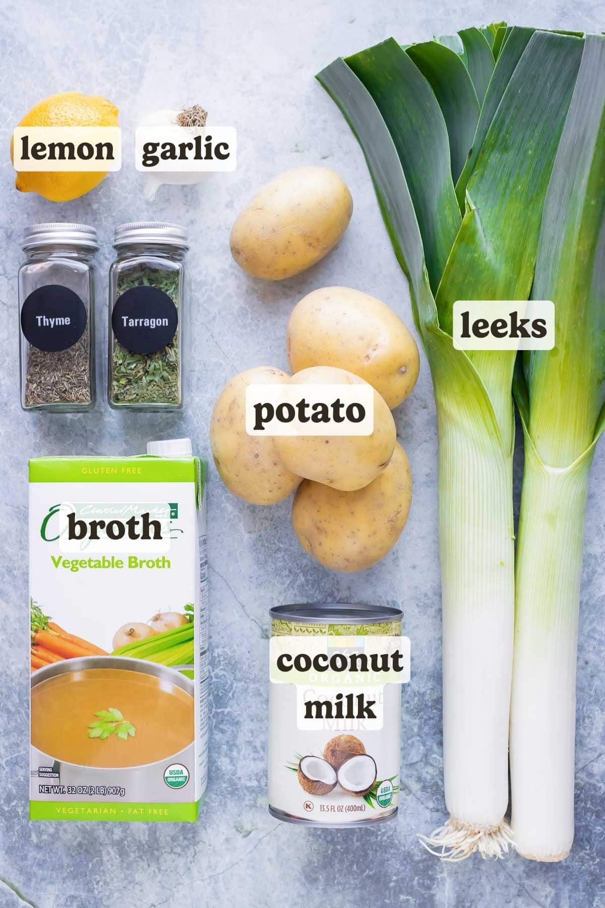 Yukon gold potatoes, fresh leeks, dried herbs, broth, and coconut milk (no cream) as the ingredients for a vegan potato leek soup recipe.