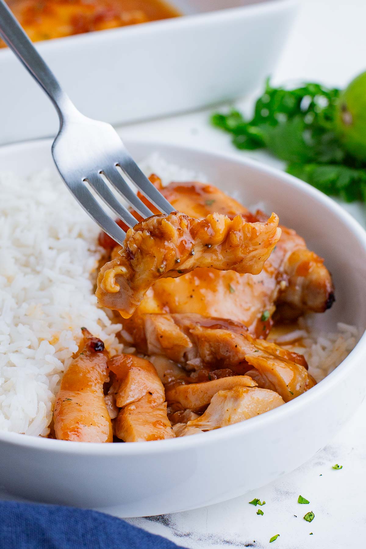 Apricot preserve chicken thighs are sliced and served in a white bowl with rice.