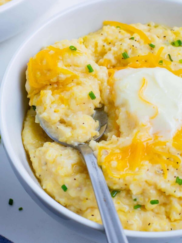 Creamy and cheesy Southern grits are a delicious side dish.