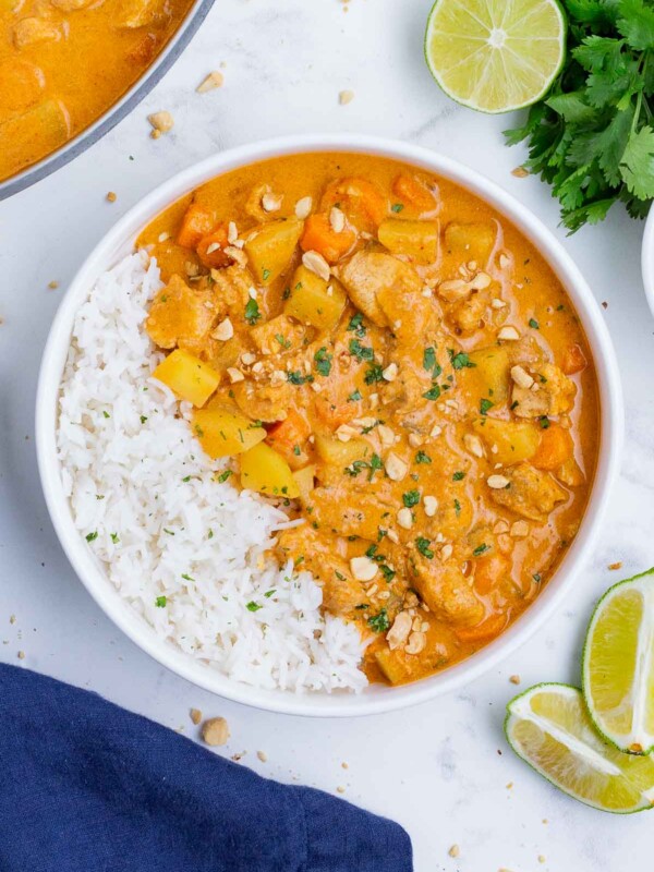 Massaman curry is slightly spicy and super delicious with chicken, potatoes, and carrots.