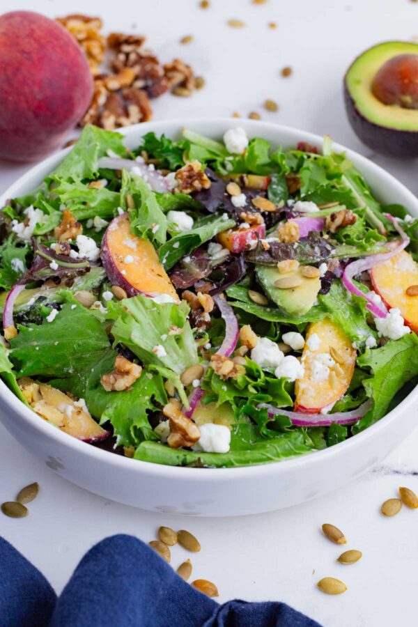 Peach salad is perfect for a summer bbq or picnic.