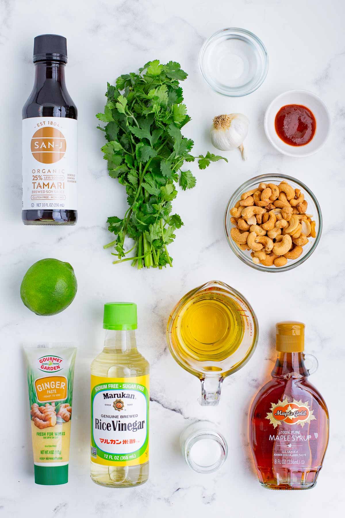 Cashews, oil, cilantro, sweetener, lime, vinegar, and hot sauce are some of the ingredients for this dressing.