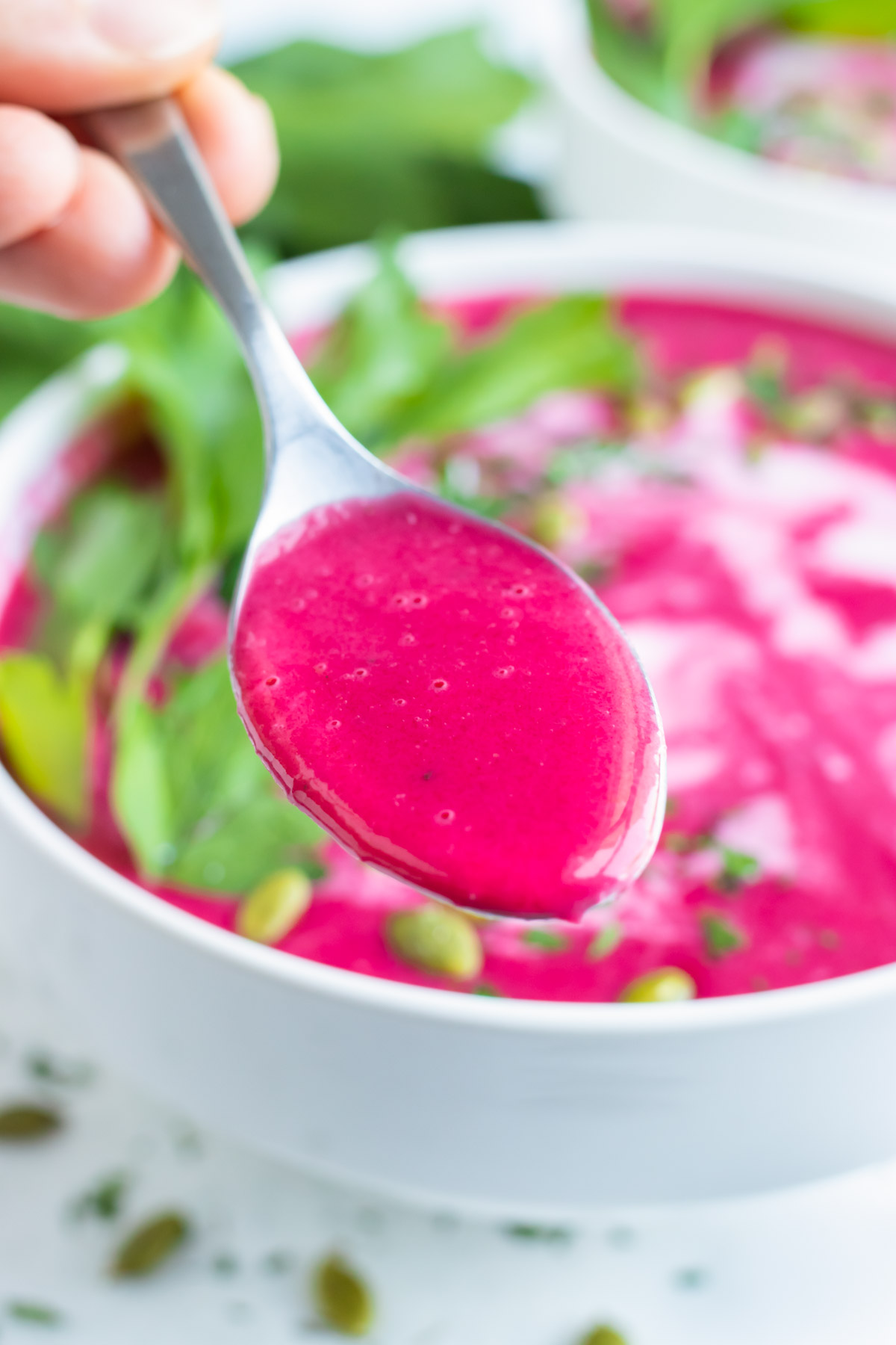 Beet soup has a bright color and creamy texture.