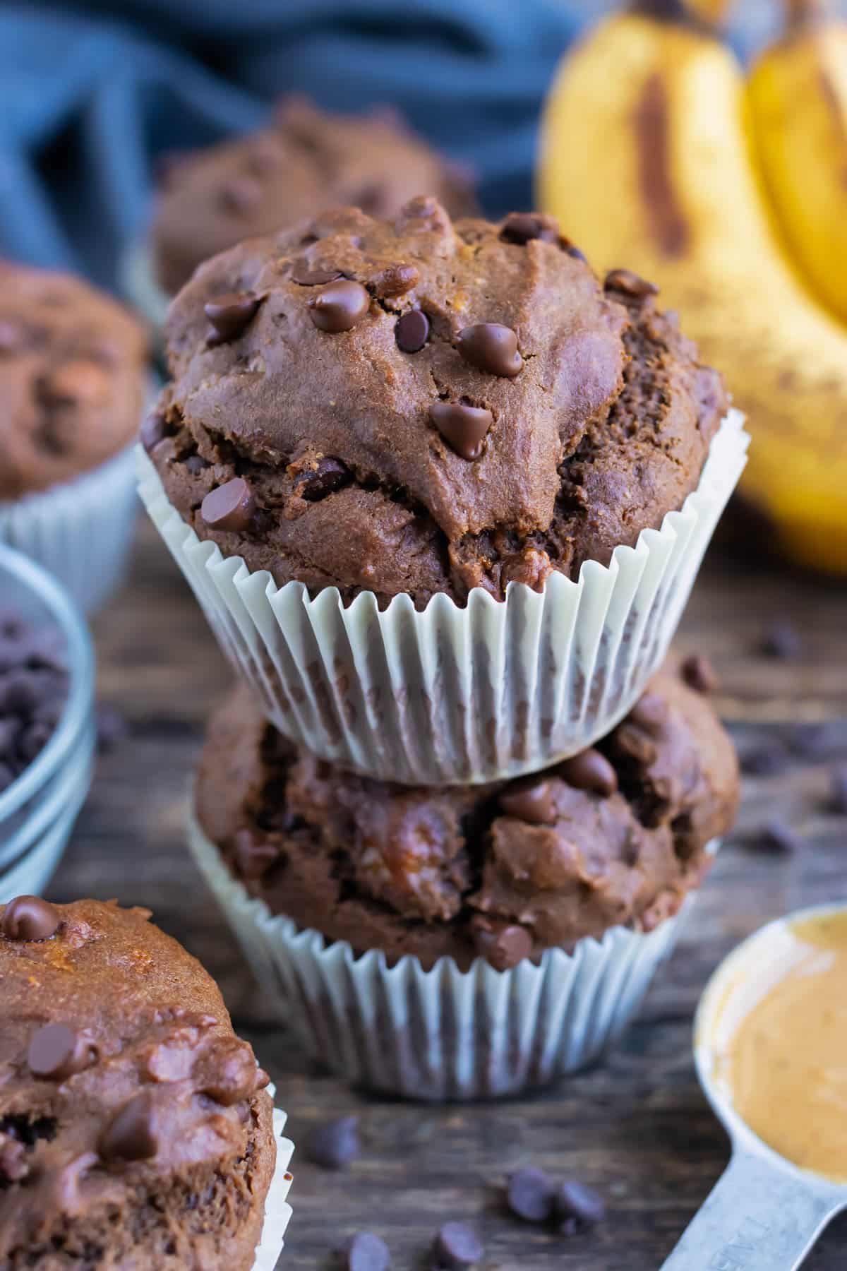 Meal prep your breakfast with these chocolate banana muffins.