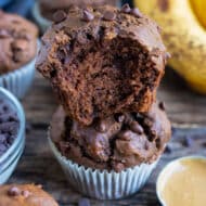 Learn how to make gluten-free Chocolate Banana Muffins with peanut butter, mashed banana, chocolate chips, and gluten-free flour.