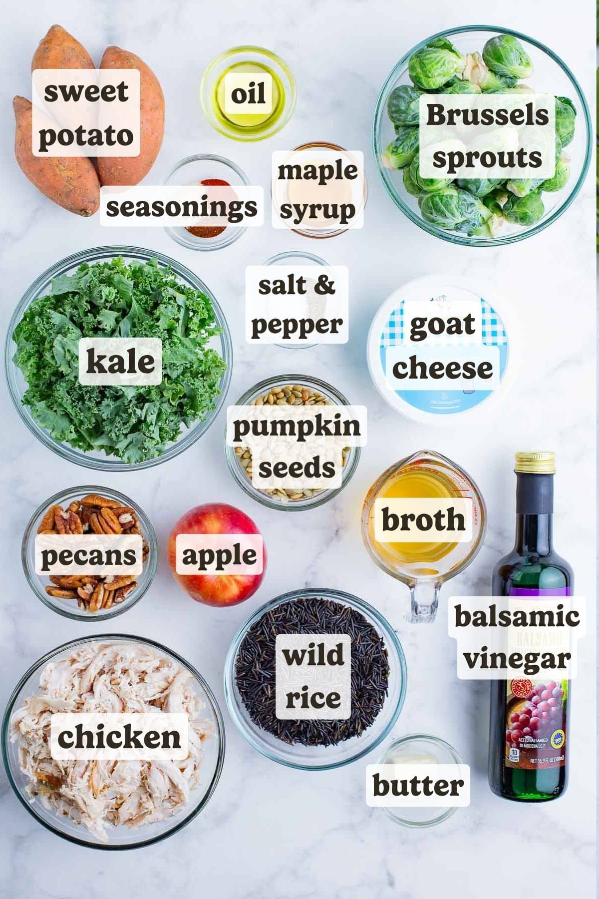 Chicken, veggies, dressing, and seasonings are the ingredients for this harvest bowl dish.