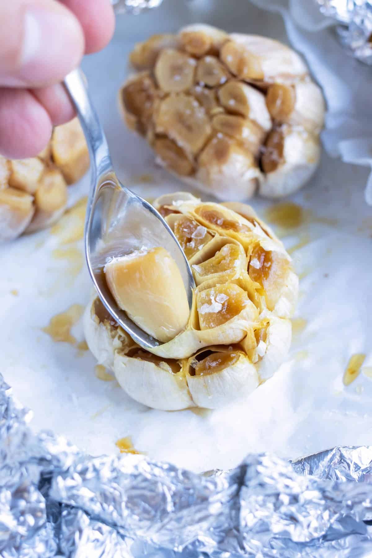 Roasted garlic cloves are removed with a spoon.