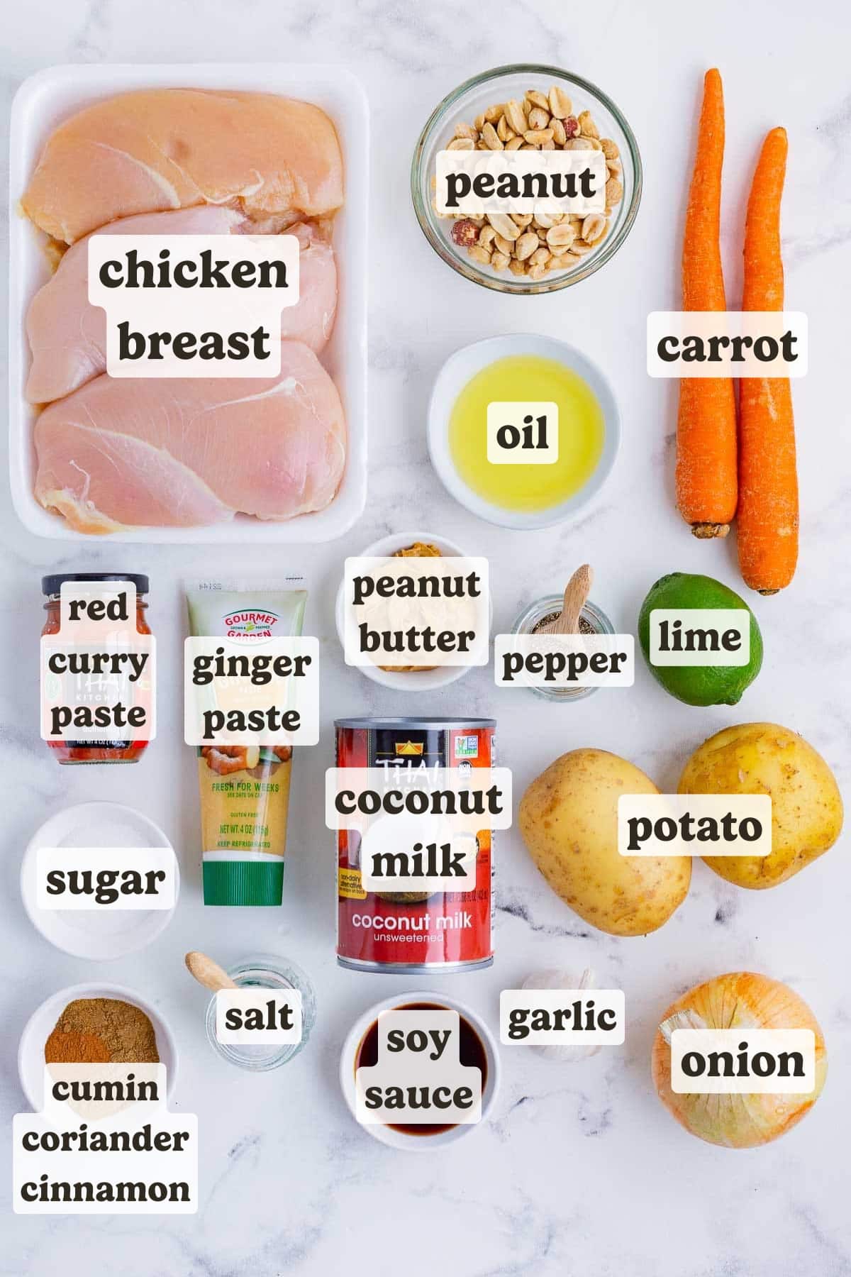 Chicken, red curry paste, seasonings, potatoes, carrots, garlic, ginger, and soy sauce are the ingredients for this Massaman curry dish.