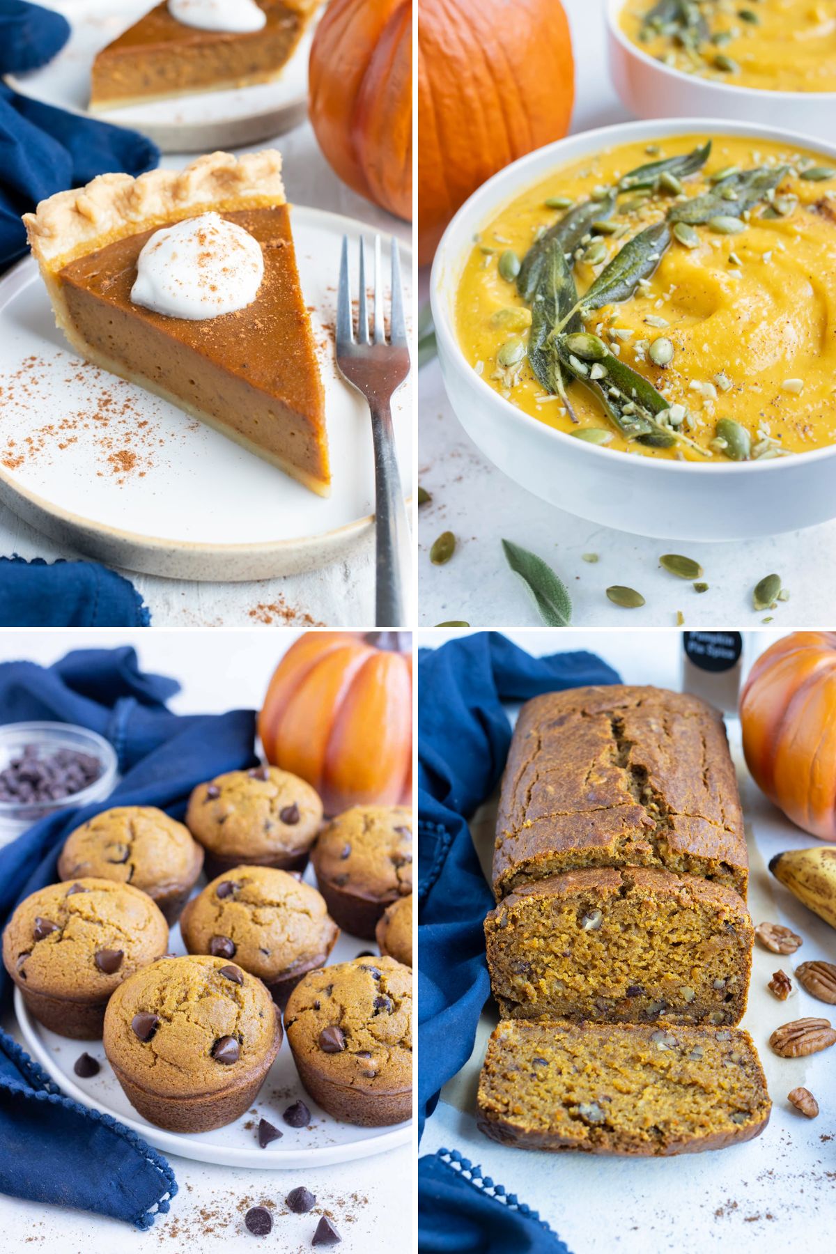 A collage of four pumpkin puree pictures: pumpkin pie, pumpkin soup, pumpkin bread, pumpkin chocolate chip muffins.