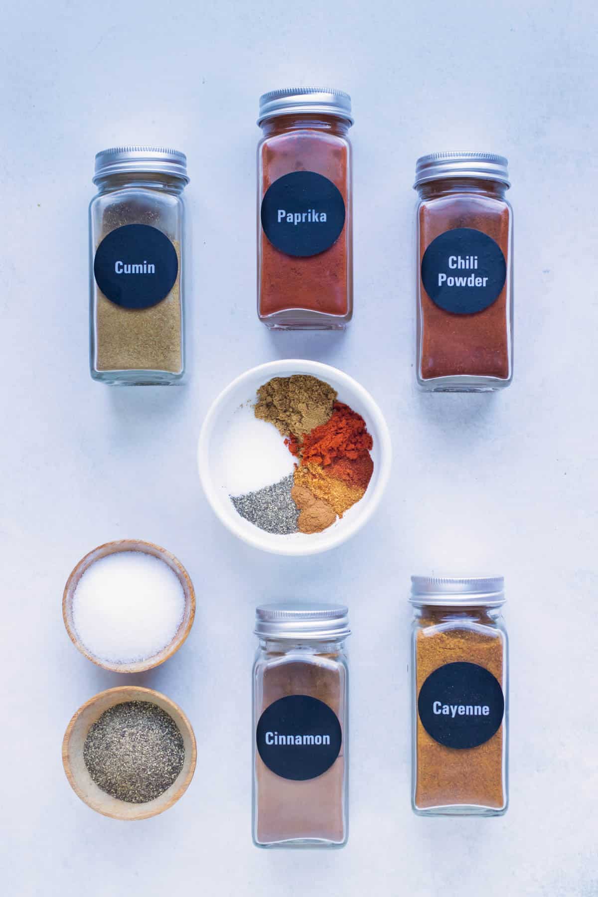 Cumin, paprika, chili powder, cayenne pepper, and cinnamon are the spices used in this recipe.